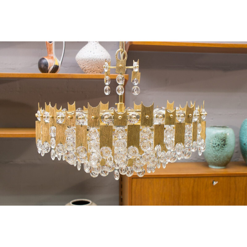 Vintage gold plated bronze and crystal chandelier by Palwa, Germany 1970