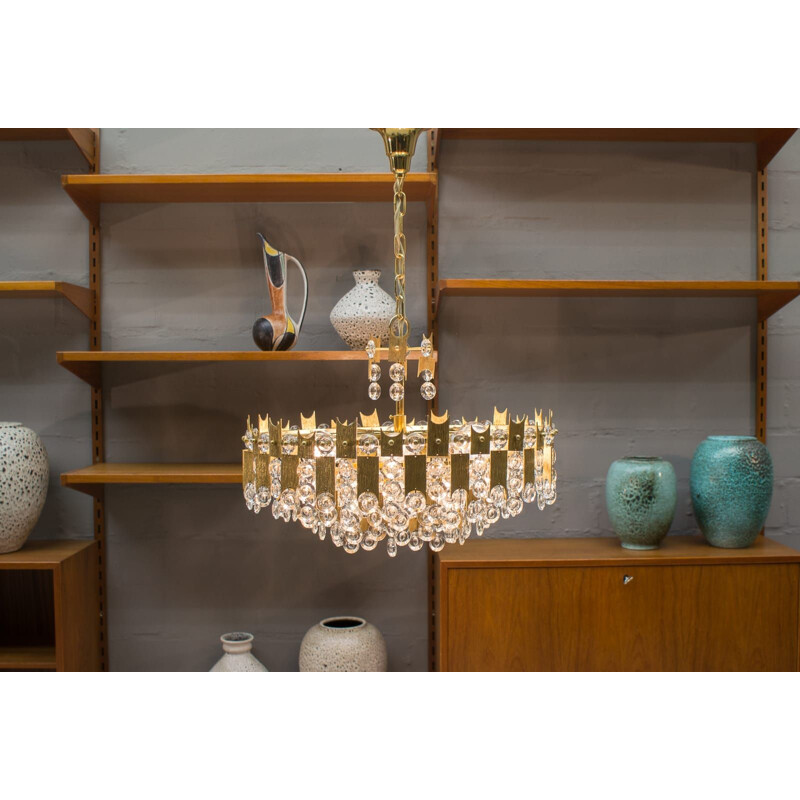 Vintage gold plated bronze and crystal chandelier by Palwa, Germany 1970