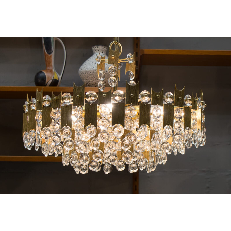 Vintage gold plated bronze and crystal chandelier by Palwa, Germany 1970