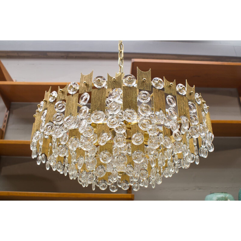 Vintage gold plated bronze and crystal chandelier by Palwa, Germany 1970