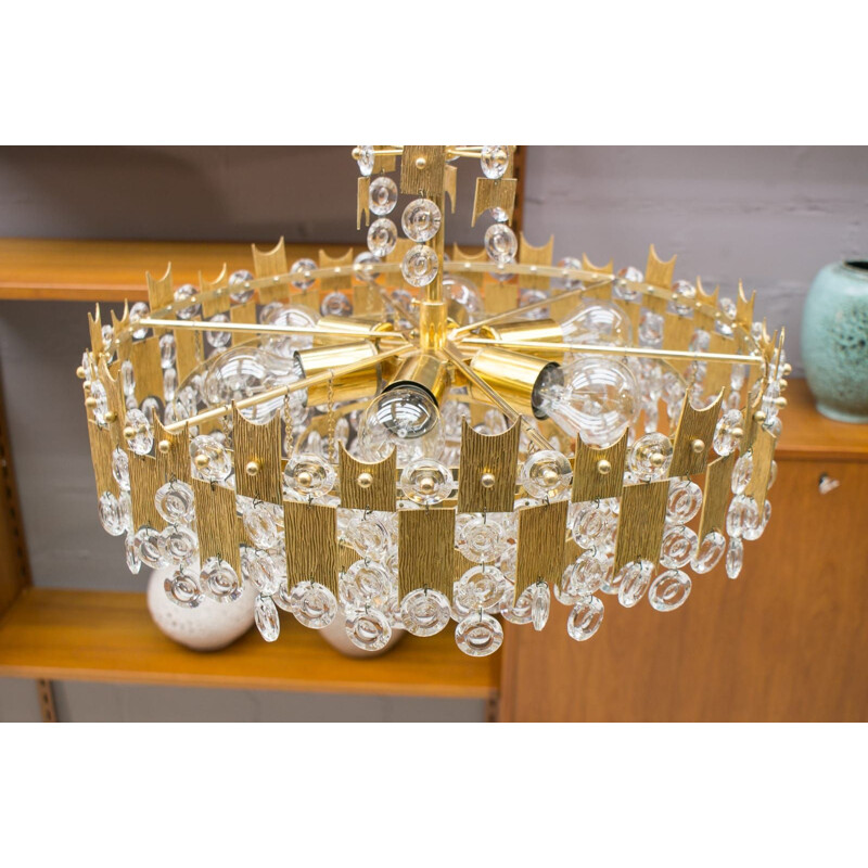 Vintage gold plated bronze and crystal chandelier by Palwa, Germany 1970