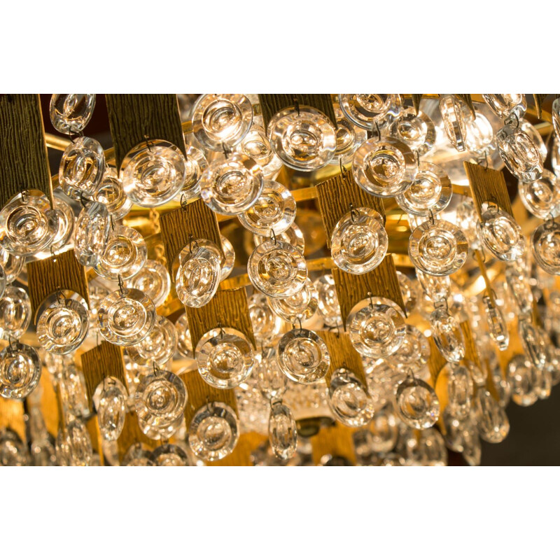 Vintage gold plated bronze and crystal chandelier by Palwa, Germany 1970