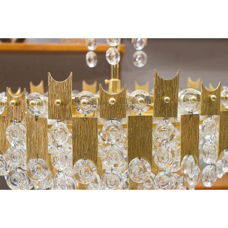 Vintage gold plated bronze and crystal chandelier by Palwa, Germany 1970