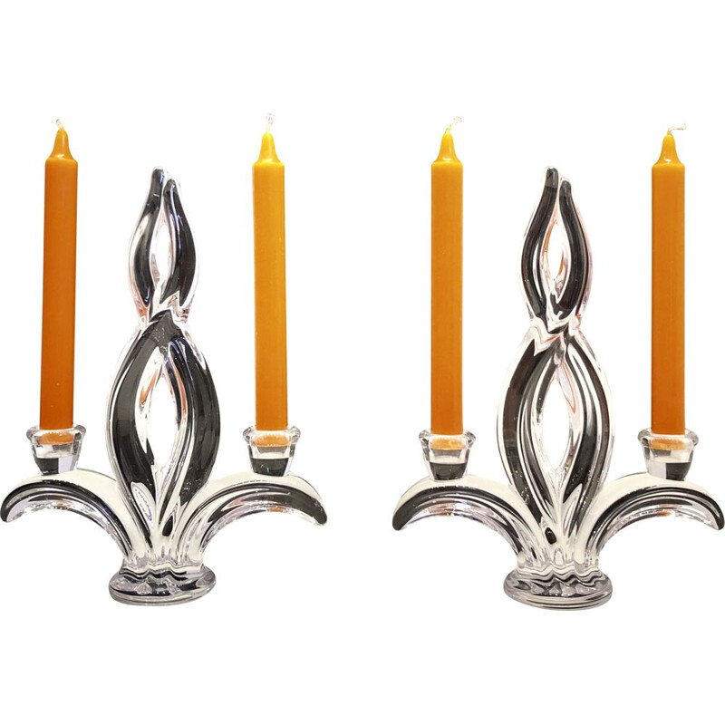 Pair of vintage crystal candlesticks by Pierre d'Avesn , France, 1950