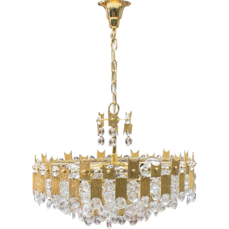 Vintage gold plated bronze and crystal chandelier by Palwa, Germany 1970