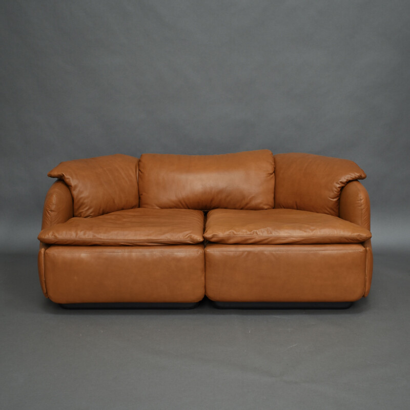 Vintage cognac leather sofa by Alberto Roselli for Saporiti, Italy, 1972