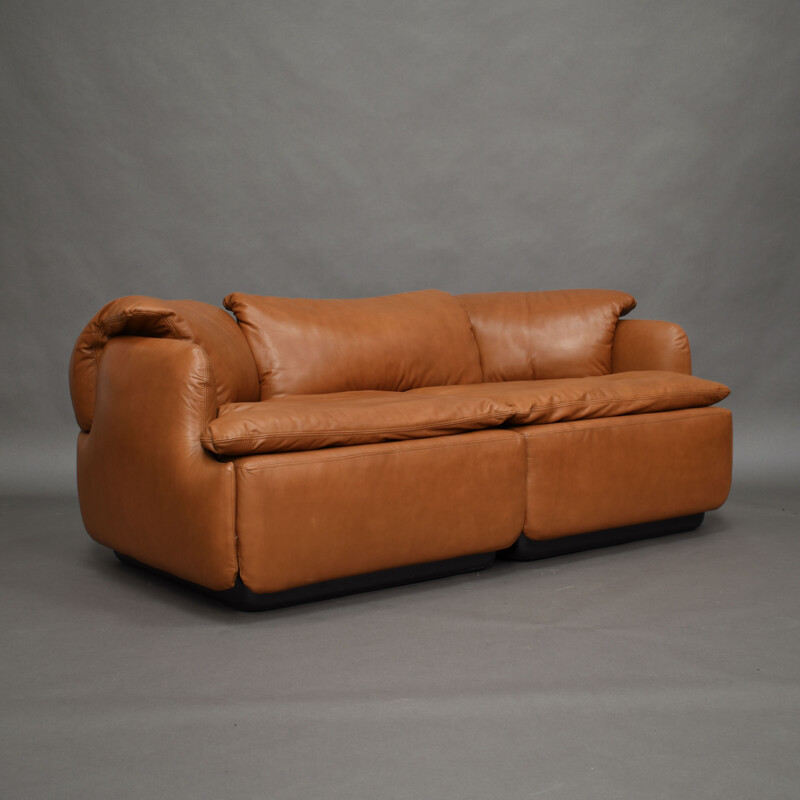 Vintage cognac leather sofa by Alberto Roselli for Saporiti, Italy, 1972