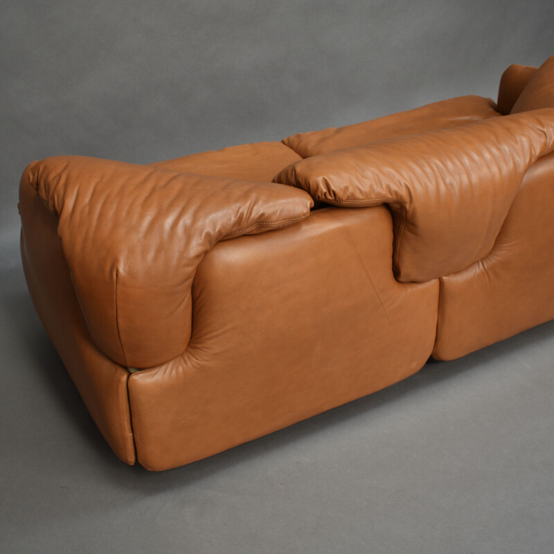 Vintage cognac leather sofa by Alberto Roselli for Saporiti, Italy, 1972