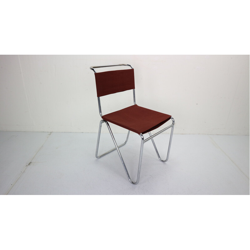 Vintage W.H. Gispen for Gispen, Diagonal Industrial Chair 102, Red Canvas, 1930