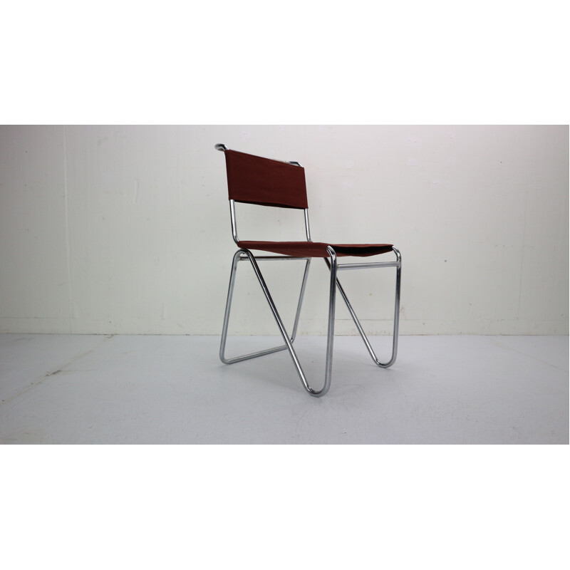 Vintage W.H. Gispen for Gispen, Diagonal Industrial Chair 102, Red Canvas, 1930