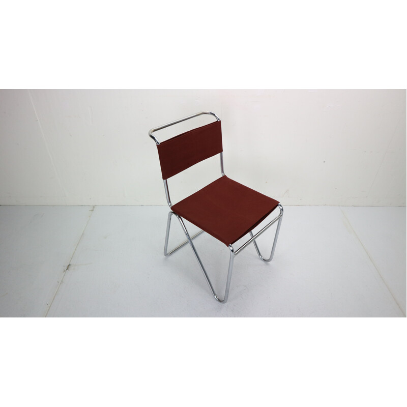 Vintage W.H. Gispen for Gispen, Diagonal Industrial Chair 102, Red Canvas, 1930