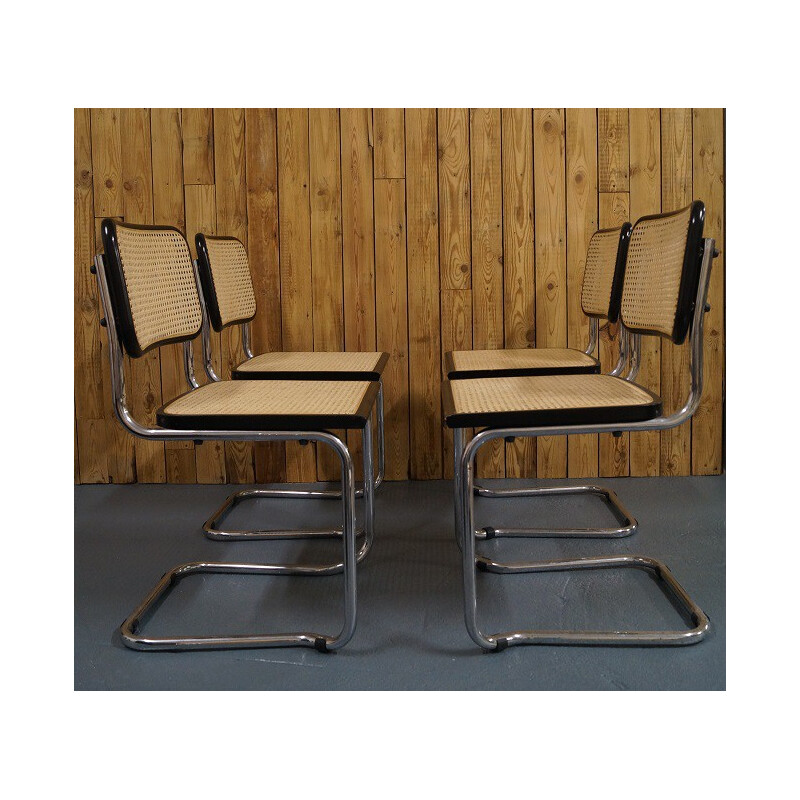 Set of 4 "Cesca" chairs in wood and chrome steel, Marcel BREUER - 1970s