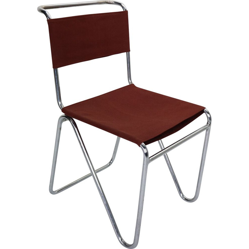 Vintage W.H. Gispen for Gispen, Diagonal Industrial Chair 102, Red Canvas, 1930