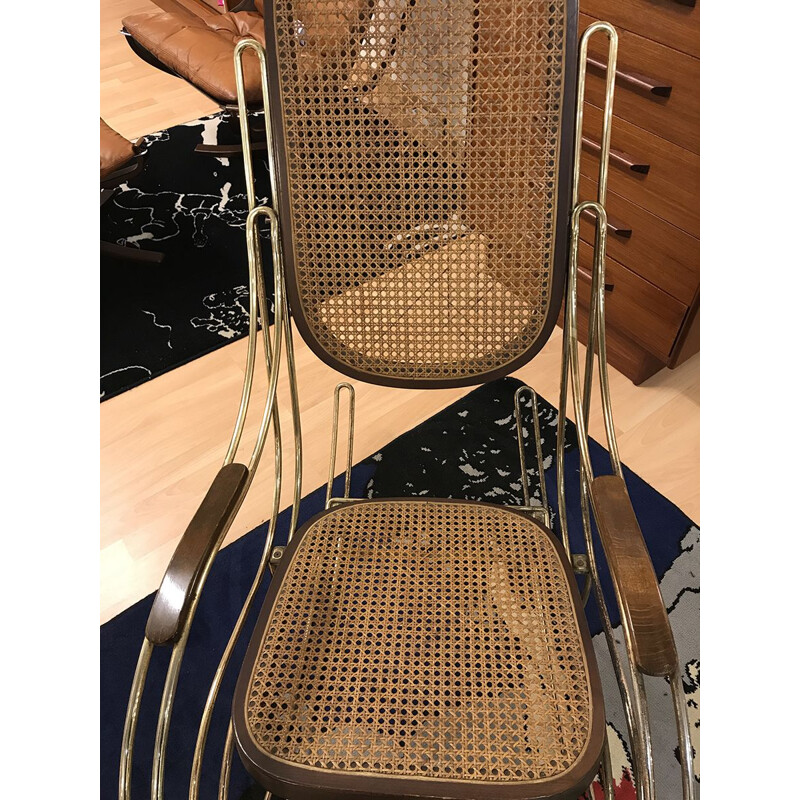 Vintage rocking chair in wicker and brass, 1960s