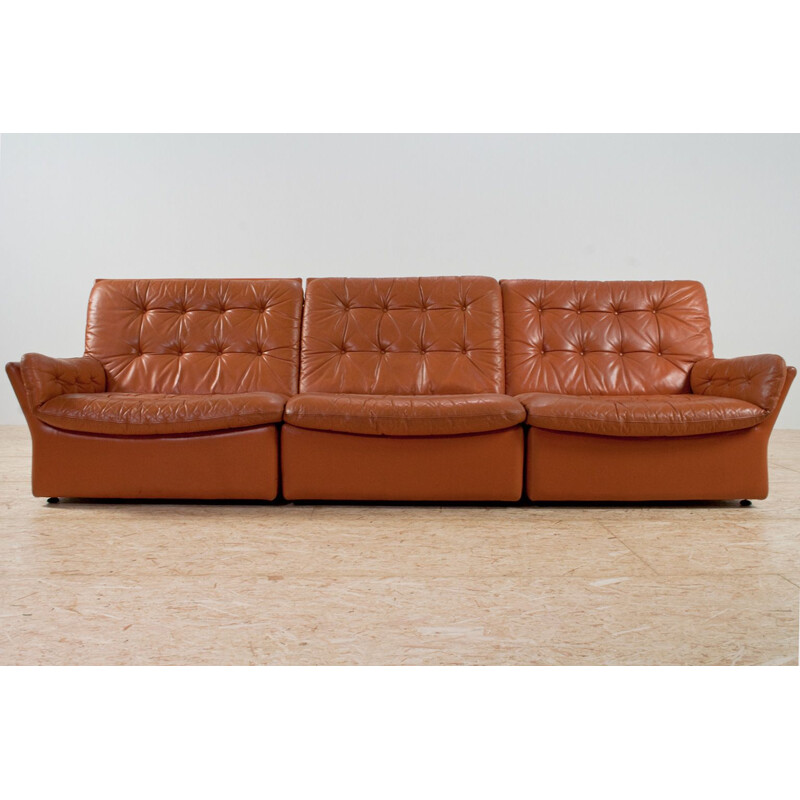 Vintage brown cognac 3-seater sofa in leather, 1970s