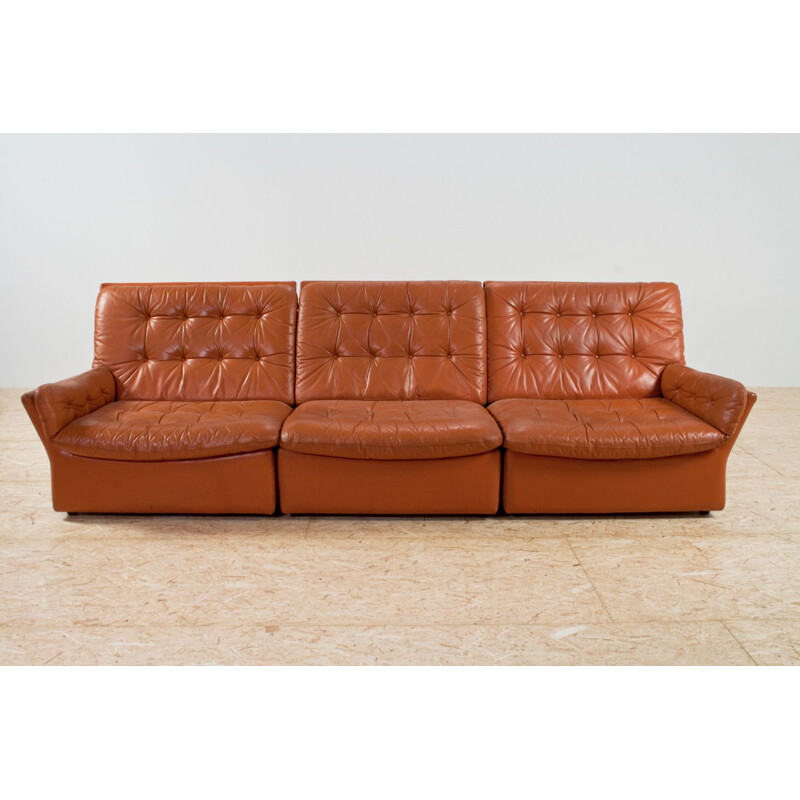 Vintage brown cognac 3-seater sofa in leather, 1970s