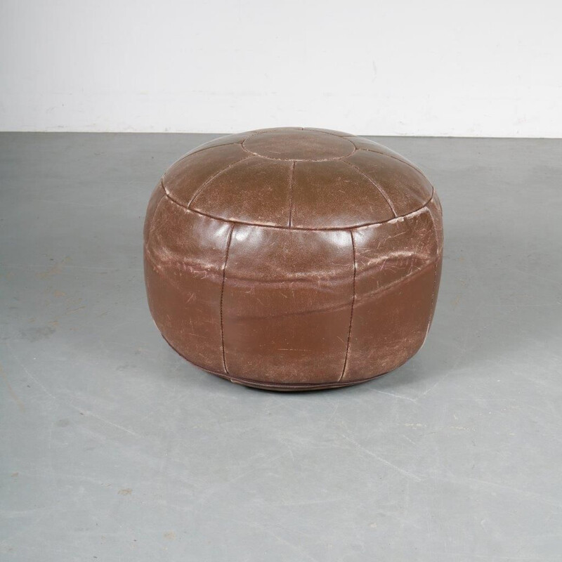 Vintage brown leather pouf, 1960s