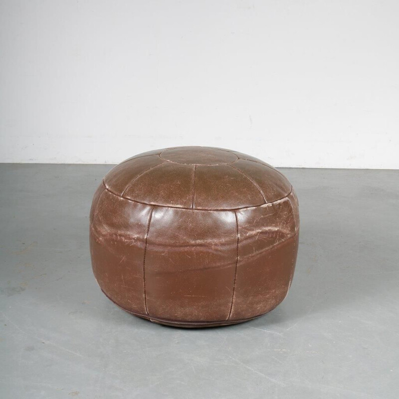 Vintage brown leather pouf, 1960s