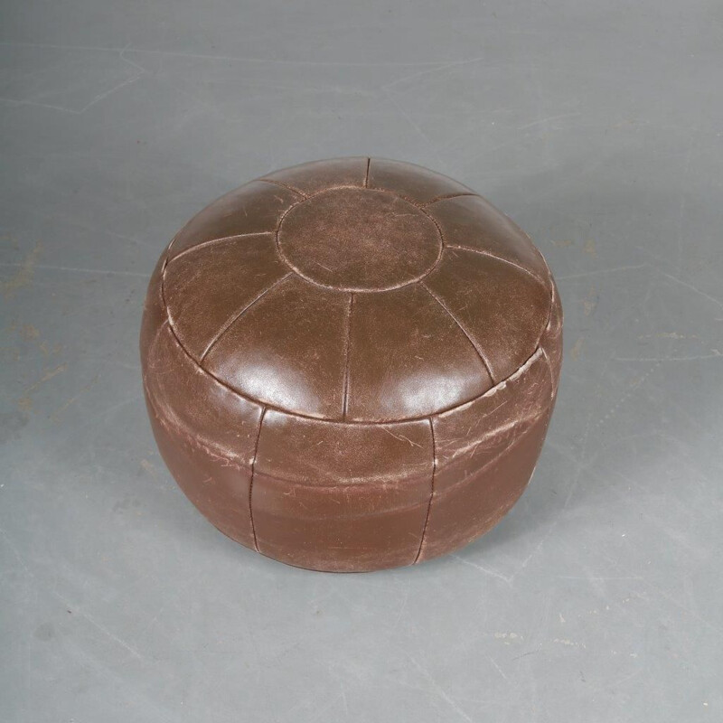 Vintage brown leather pouf, 1960s