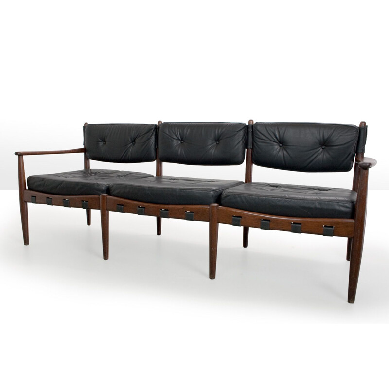 Vintage sofa in black leather by Erik Merthen, Sweden, 1960s