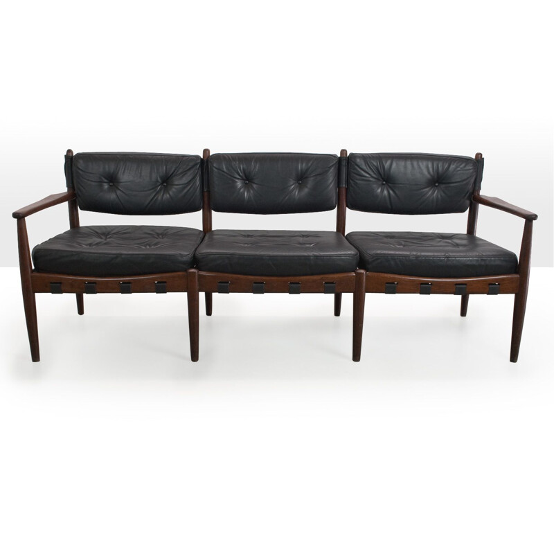 Vintage sofa in black leather by Erik Merthen, Sweden, 1960s