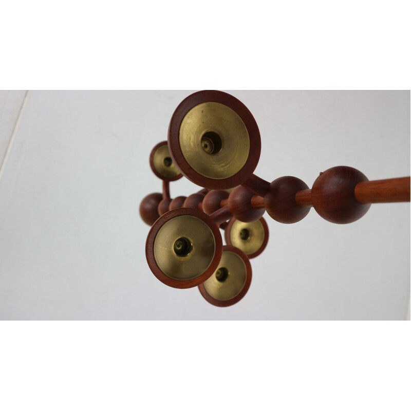 Vintage Scandinavian teak & brass hanging candle holder, Denmark, 1960s 