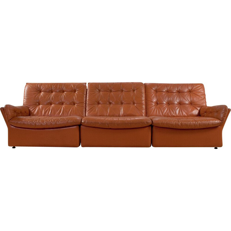 Vintage brown cognac 3-seater sofa in leather, 1970s