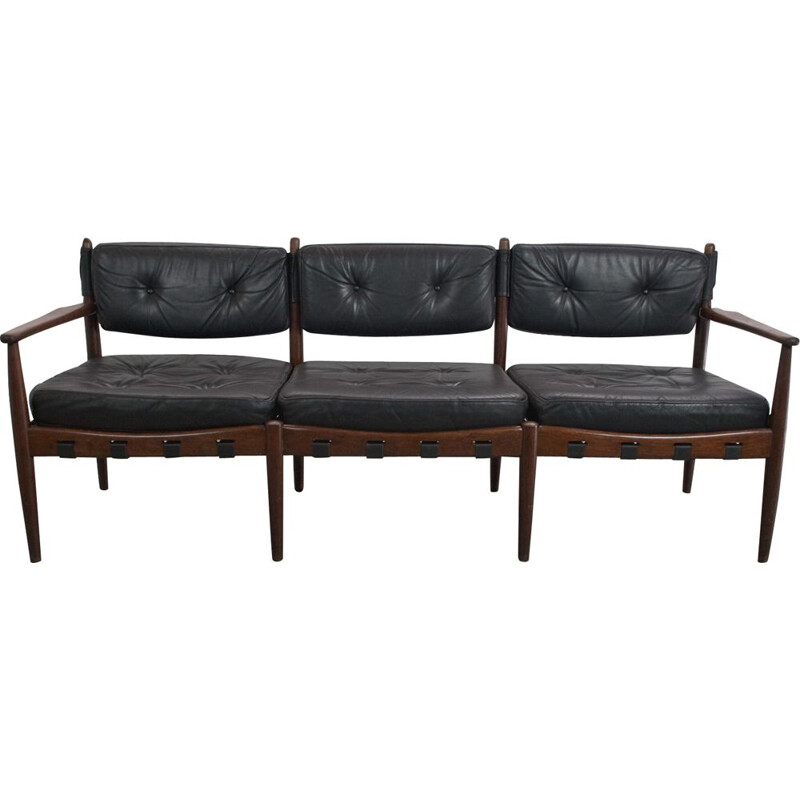 Vintage sofa in black leather by Erik Merthen, Sweden, 1960s