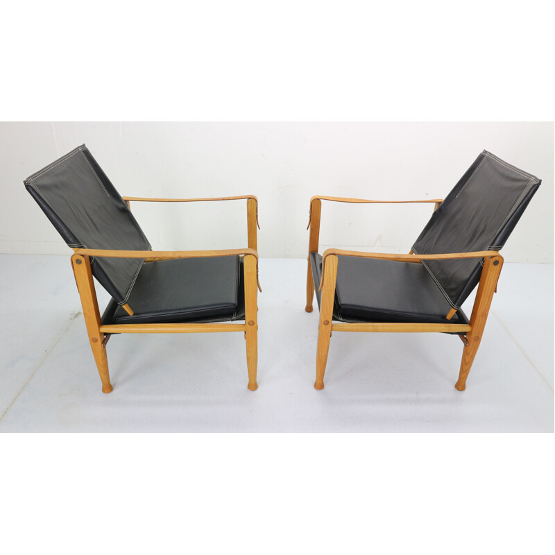 Pair of black leather safari chairs by Kaare Klint for Rud Rasmussen, 1950