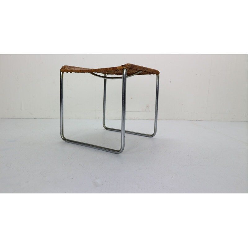 Vintage rattan and chrome footstool by W.H. Gispen, 1933-1936