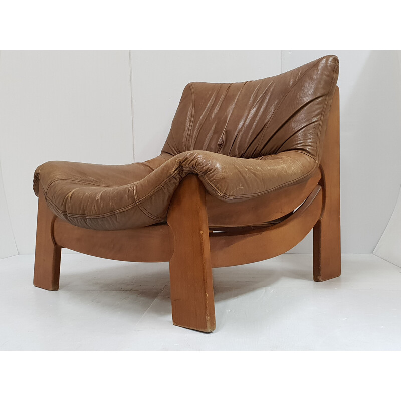 Scandinavian vintage leather-pine armchair, 1960s