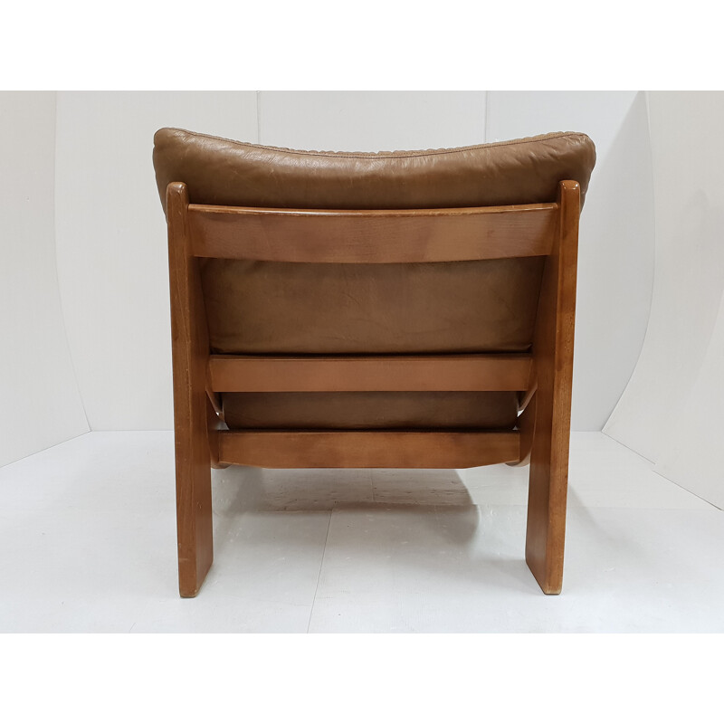Scandinavian vintage leather-pine armchair, 1960s