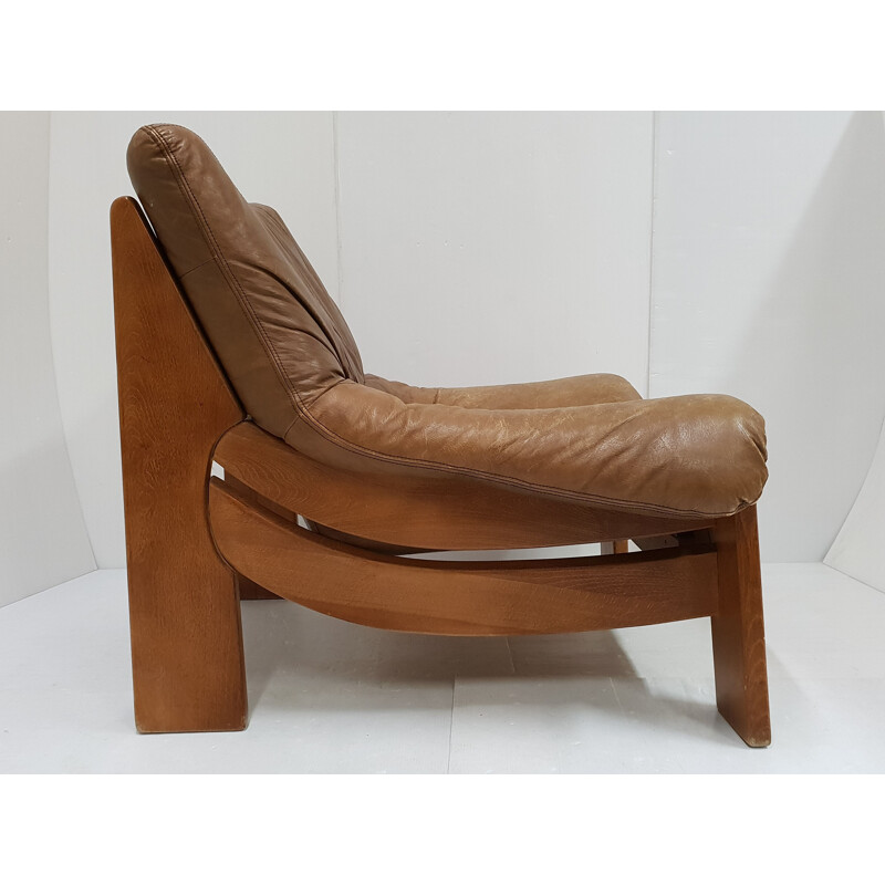 Scandinavian vintage leather-pine armchair, 1960s