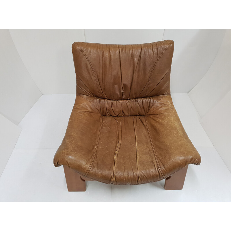 Scandinavian vintage leather-pine armchair, 1960s