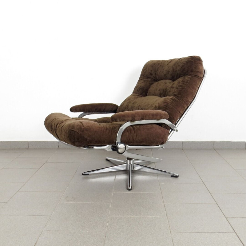 Brown vintage armchair with footstool, 1960s
