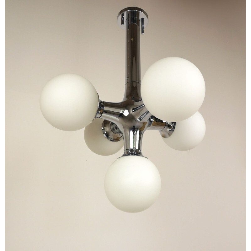 Chromed metal and opaline glass vintage ceiling lamp, Germany, 1970s