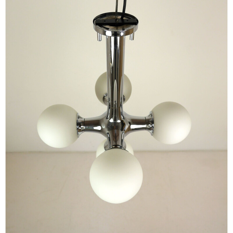 Chromed metal and opaline glass vintage ceiling lamp, Germany, 1970s