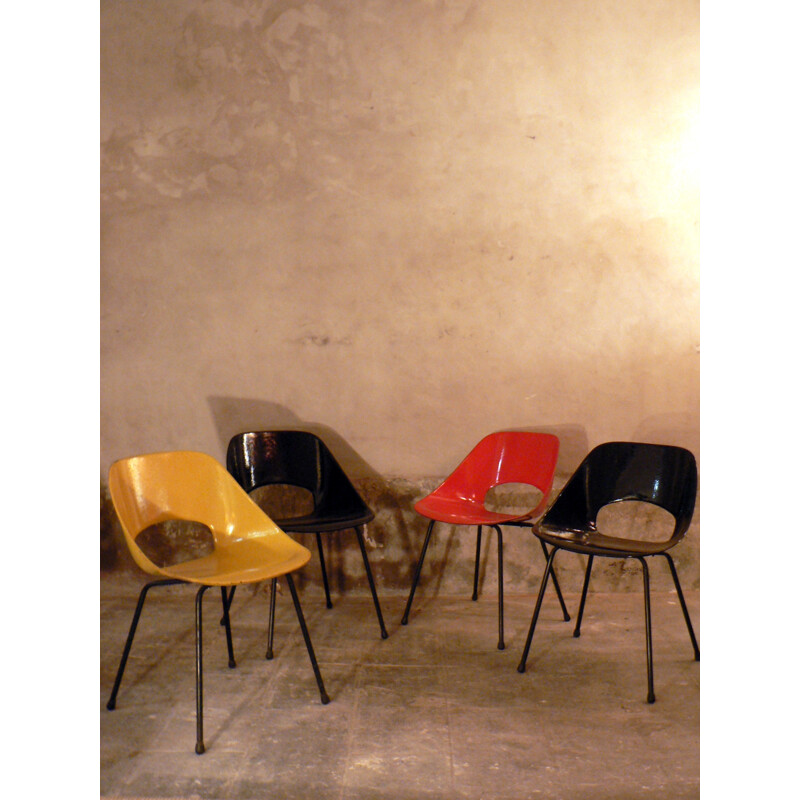 Set of 4 Steiner chairs in fiber glass and metal, Pierre GUARICHE - 1950s