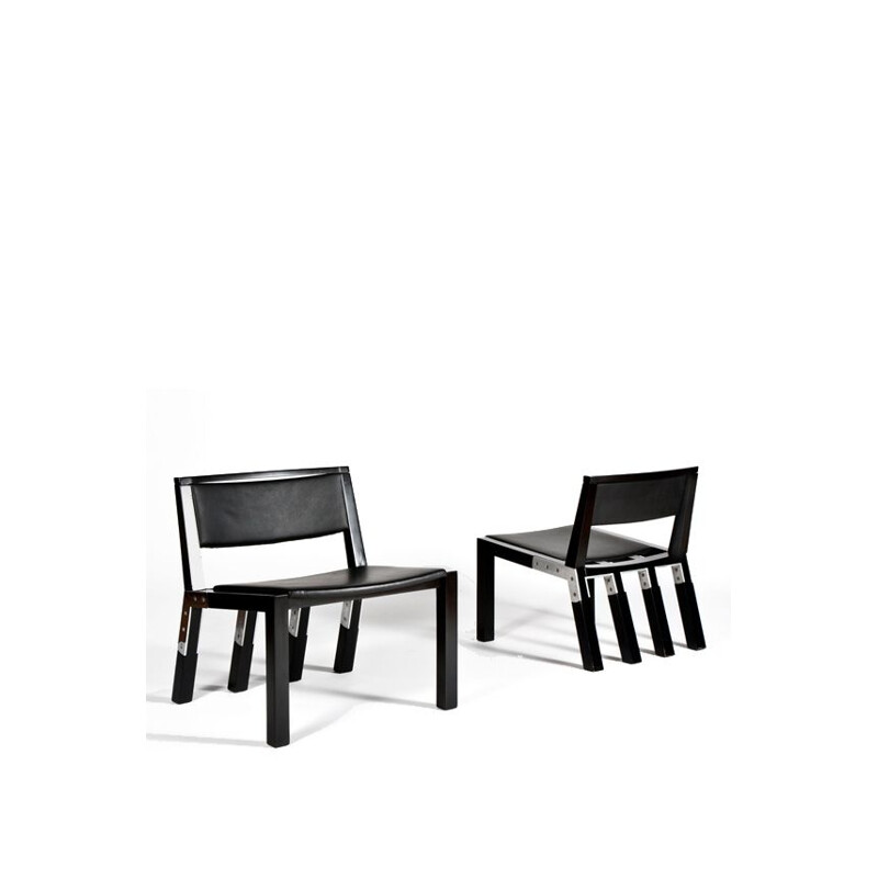 Ensemble de 2 chaises vintage en bois ébène et cuir par Jean-Michel-Wilmotte
