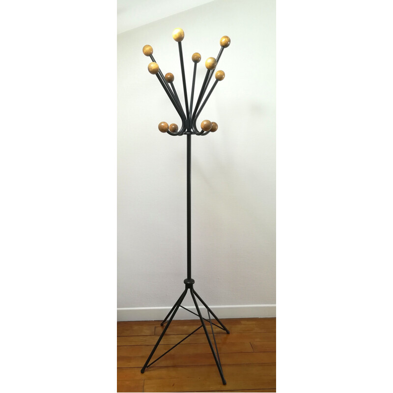 Vintage metal and wood coat rack, 1960s