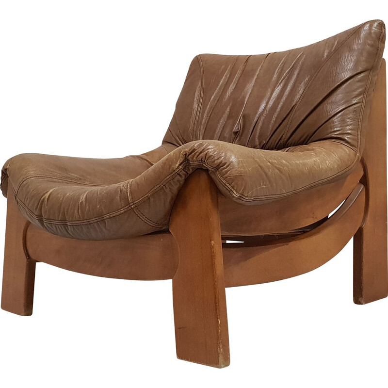 Scandinavian vintage leather-pine armchair, 1960s