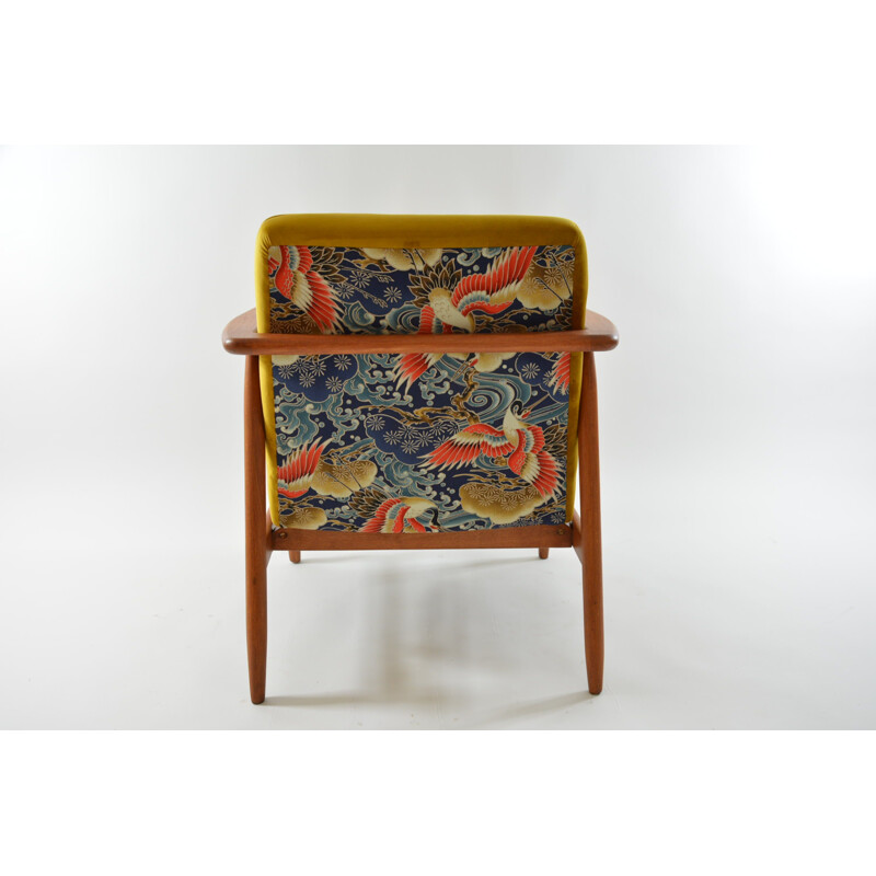 Fauteuil vintage Z tissu jaune & oiseaux