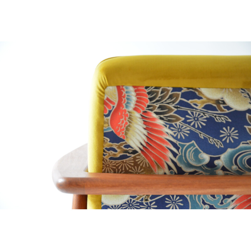 Fauteuil vintage Z tissu jaune & oiseaux