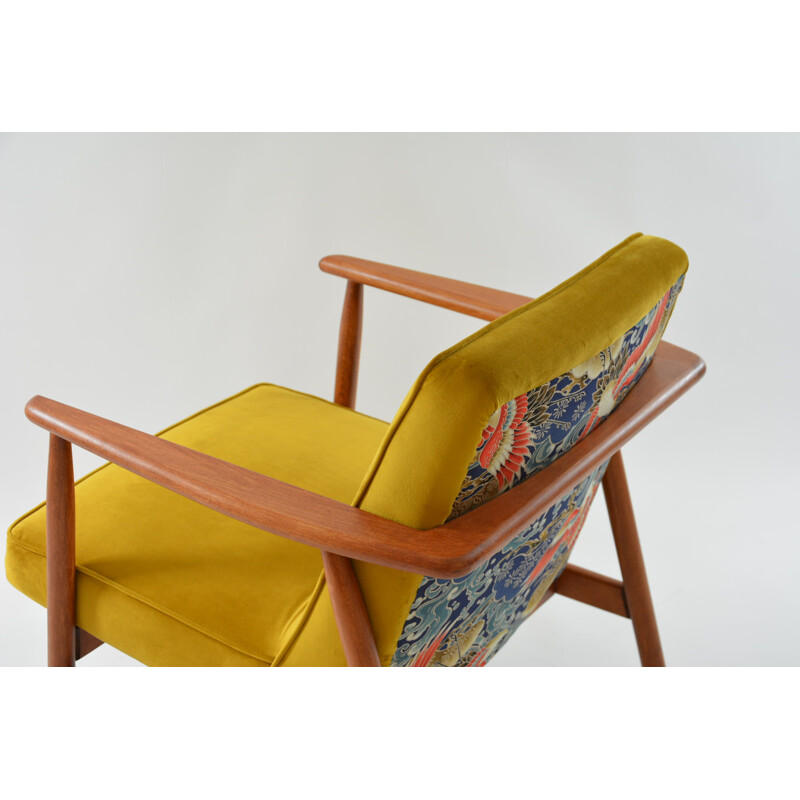 Fauteuil vintage Z tissu jaune & oiseaux