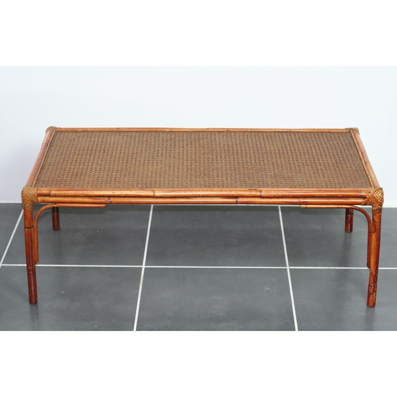 Vintage rattan and cane coffee table, 1970