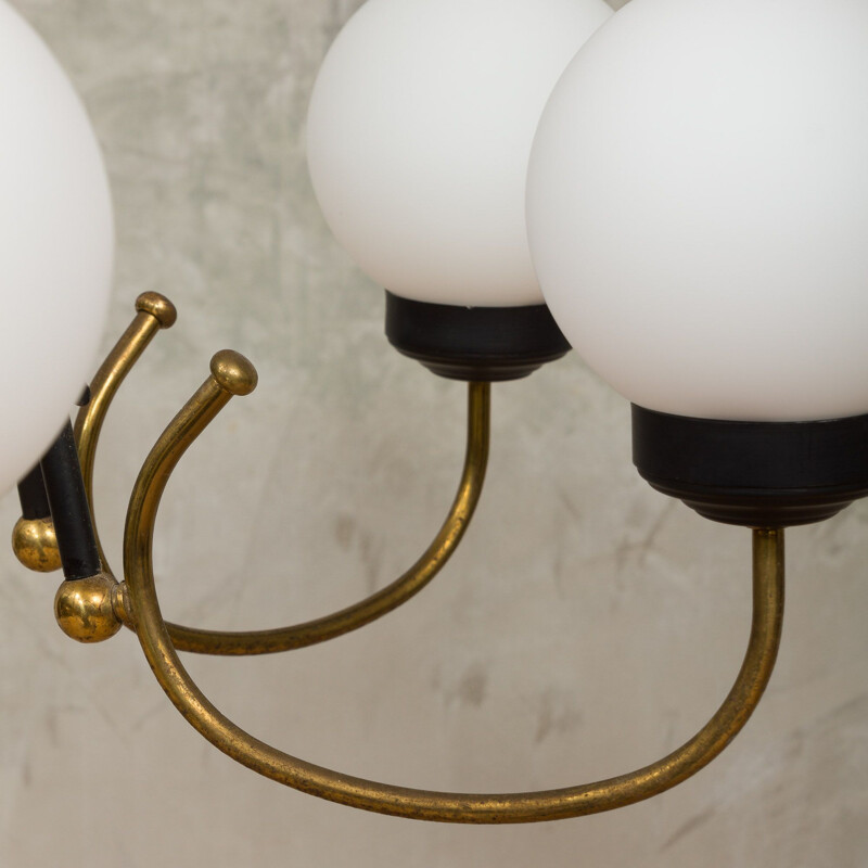 Vintage brass, black lacquered metal and white opaline glass chandelier by Stilnovo, 1960