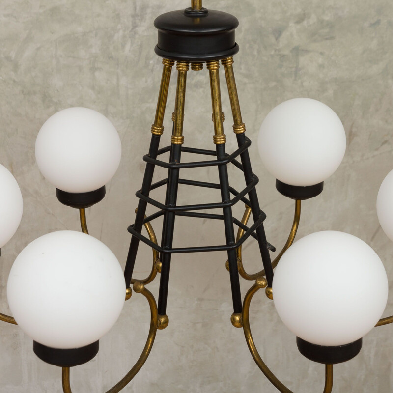 Vintage brass, black lacquered metal and white opaline glass chandelier by Stilnovo, 1960