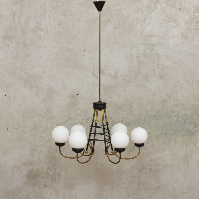 Vintage brass, black lacquered metal and white opaline glass chandelier by Stilnovo, 1960