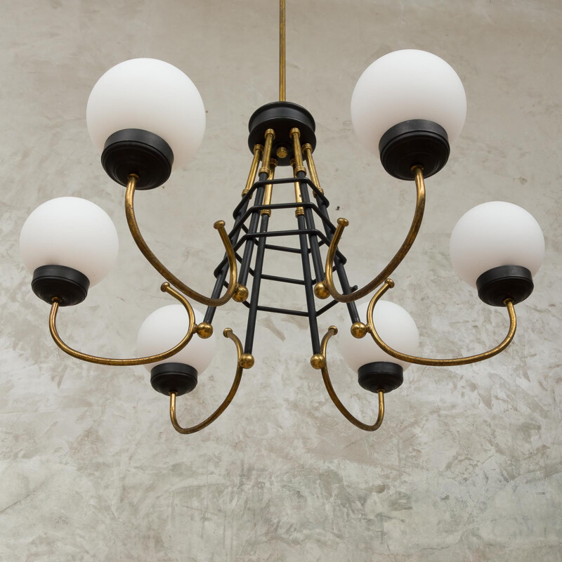 Vintage brass, black lacquered metal and white opaline glass chandelier by Stilnovo, 1960