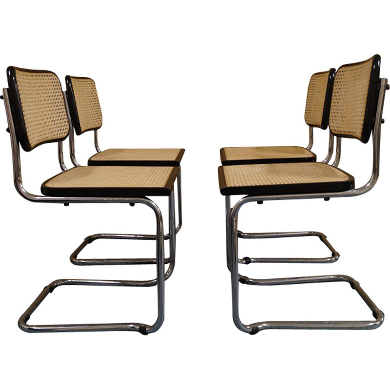 Set of 4 "Cesca" chairs in wood and chrome steel, Marcel BREUER - 1970s